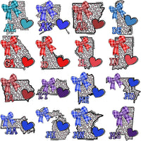 Load image into Gallery viewer, Leopard print state outlines with bows &amp; hearts, print-ready for DTF, DTG, embroidery
