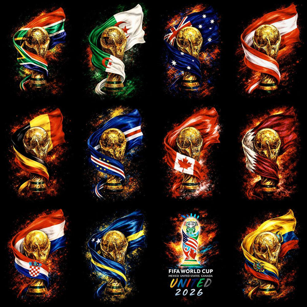 FIFA World Cup 2026 trophy designs with national flags, print-ready for DTF/DTG and embroidery