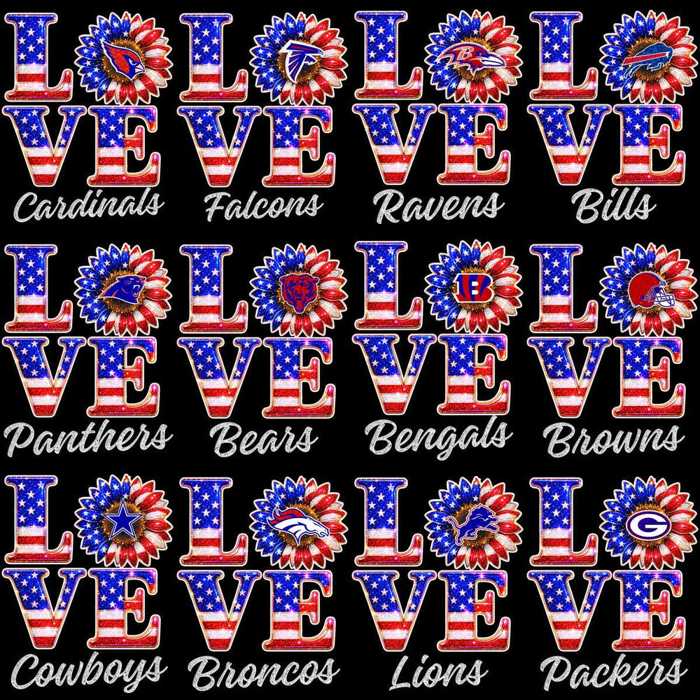 Patriotic NFL team 'LOVE' designs with American flag patterns and sunflower logos for print-ready use.