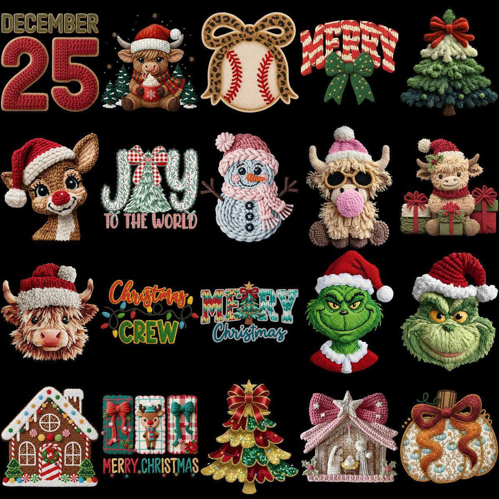 120 Cartoons CHRISTMAS Yarn Style Designs Bundle PNG