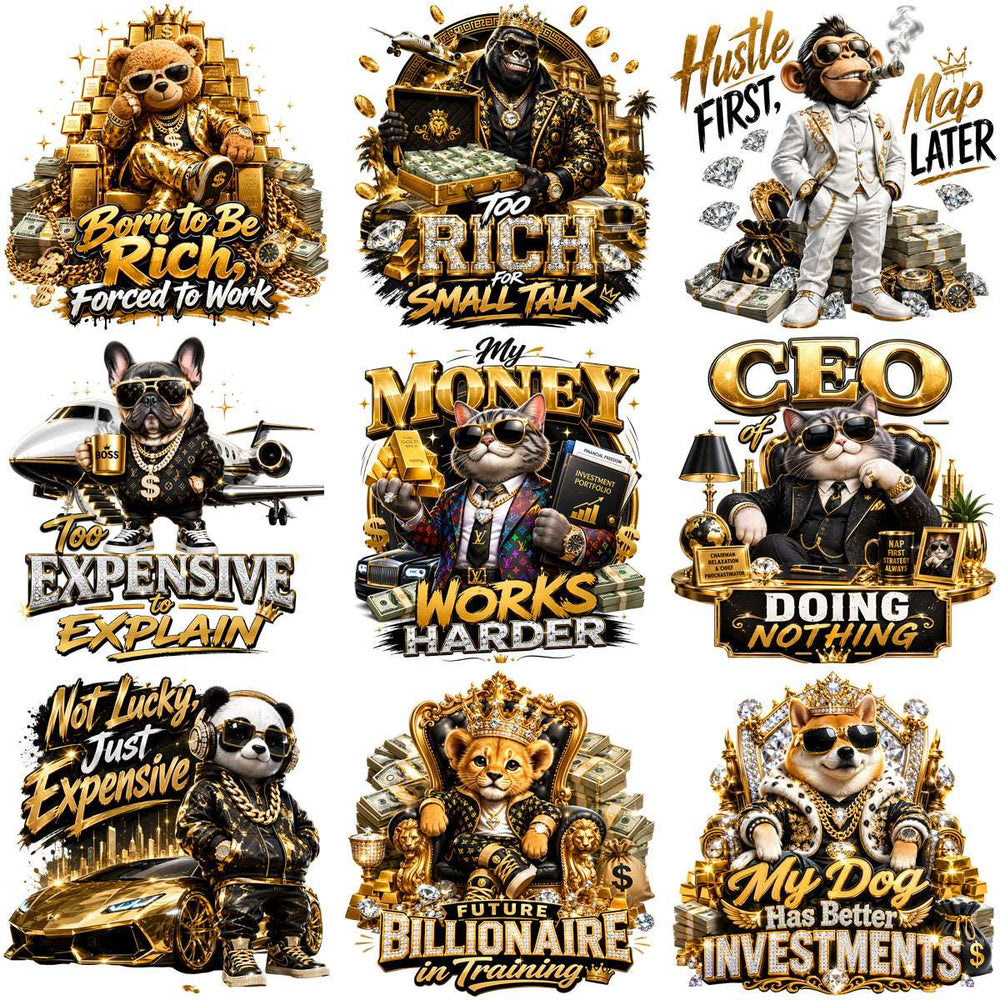 Luxury animal designs with gold, cash, and bold quotes for DTF/DTG and embroidery projects