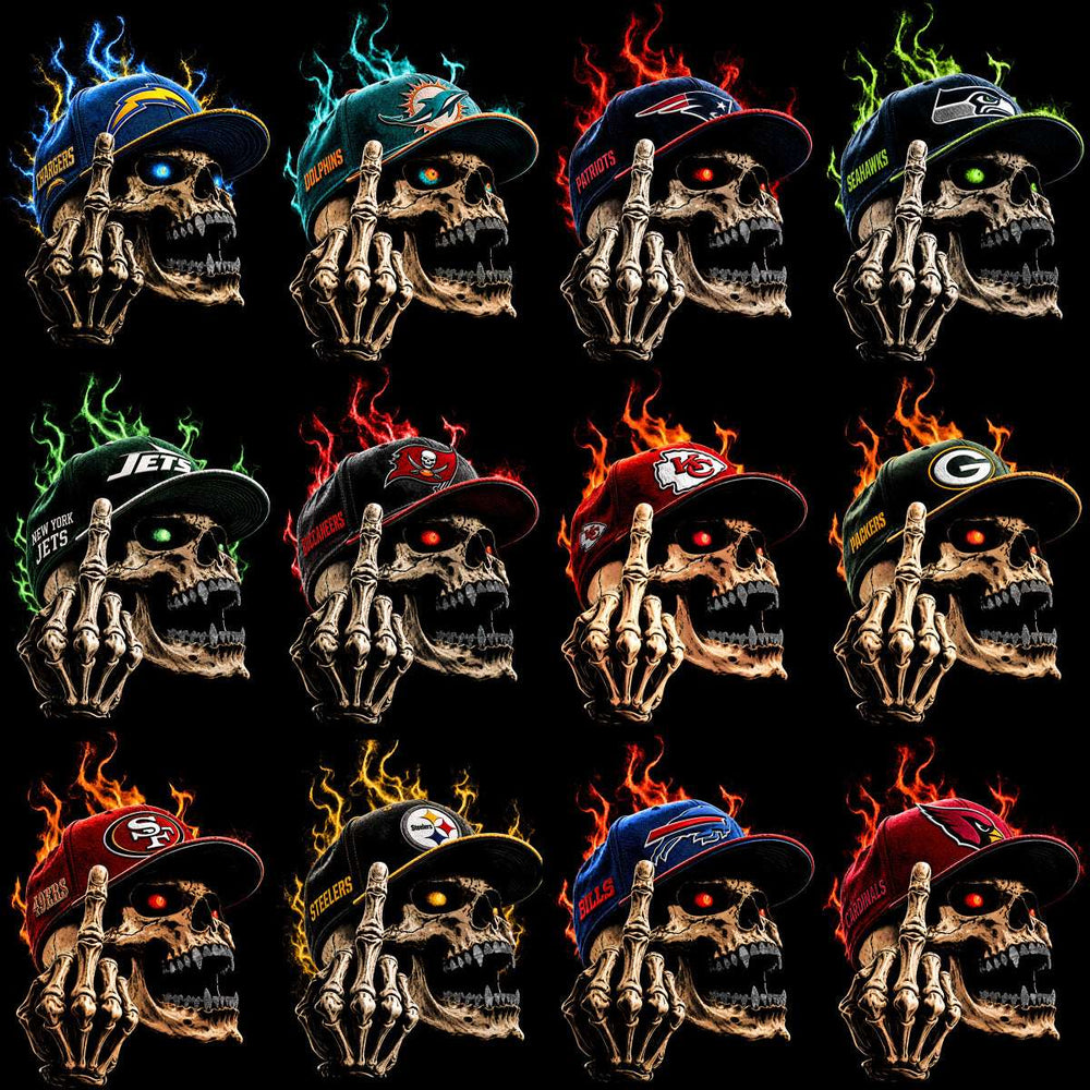 32 Skull Cap Football Teams Middle Finger Black Knockout Designs Bundle PNG