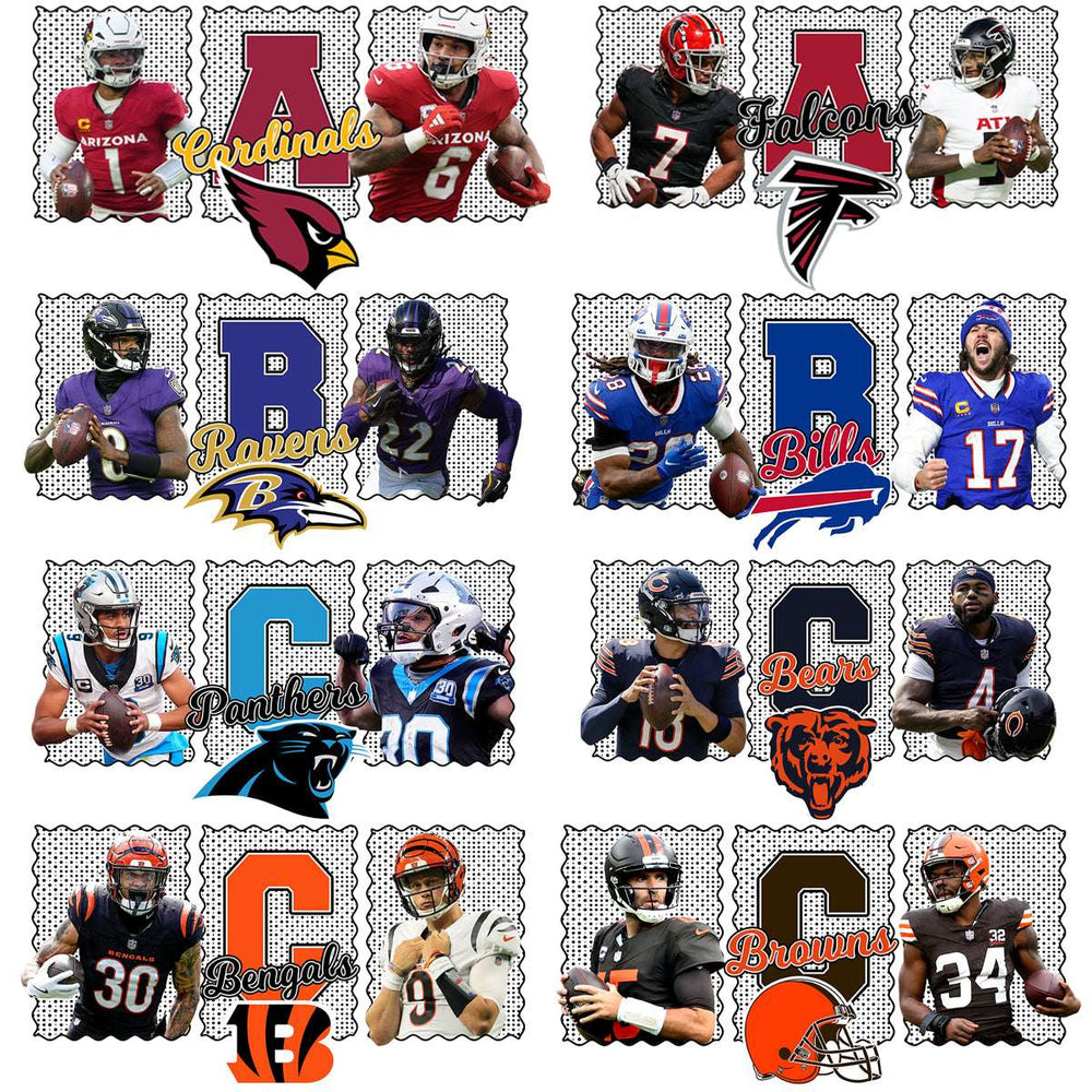 NFL team designs featuring Cardinals, Falcons, Ravens, Bills, Panthers, Bears, Bengals, Browns players and logos