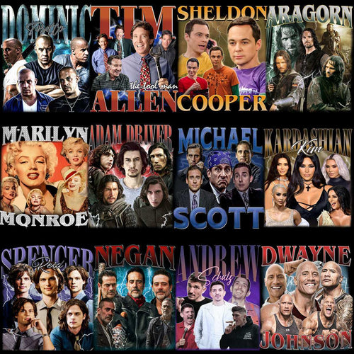 60 Celebrity Movie & TV Series Bootleg T-Shirt Designs Bundle PNG
