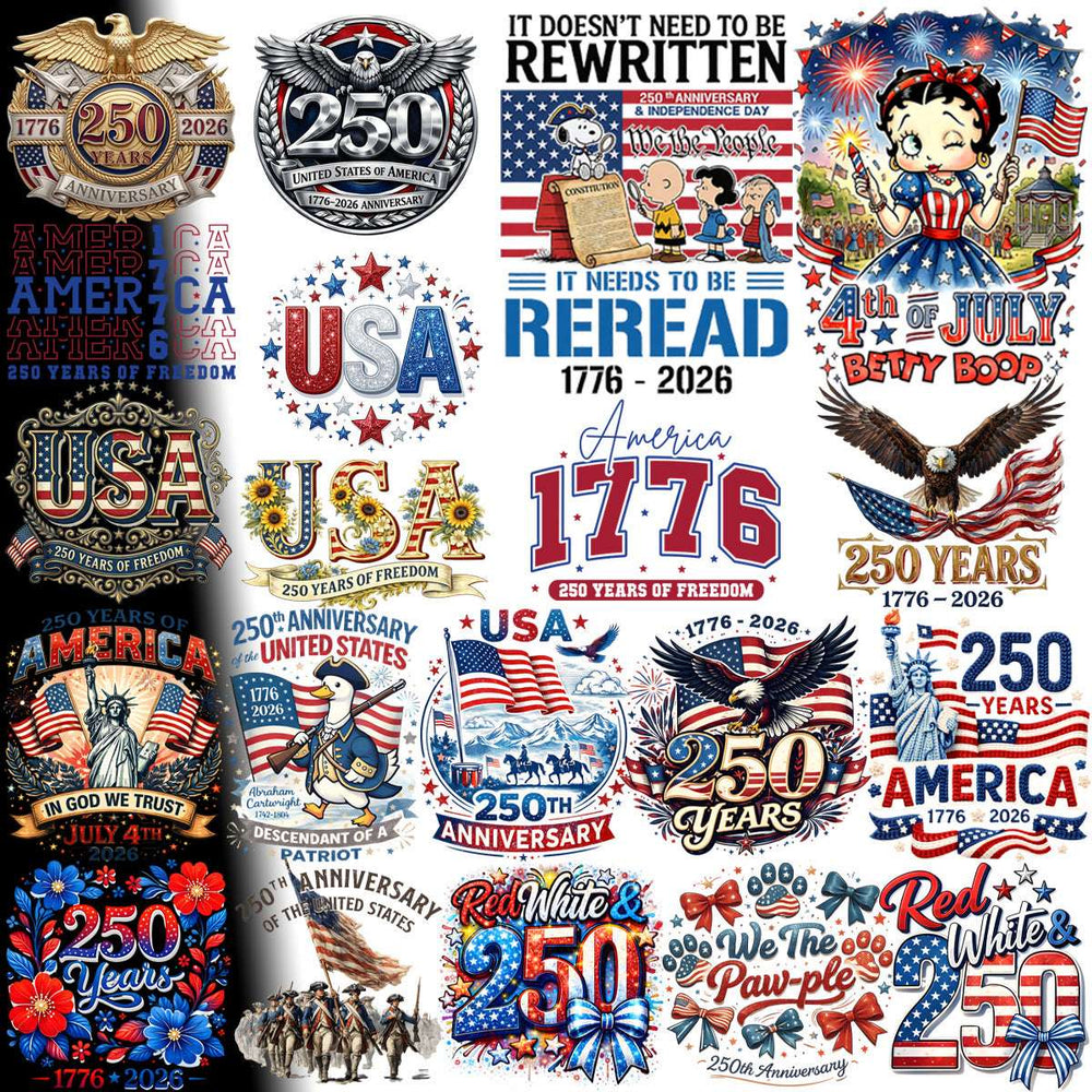 250th USA Anniversary designs: patriotic DTF, DTG & embroidery bundles for 1776–2026 Independence Day