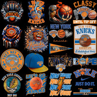 Load image into Gallery viewer, New York Knicks basketball designs bundle for DTF DTG printing, featuring team logos, slogans, and fan art graphics.
