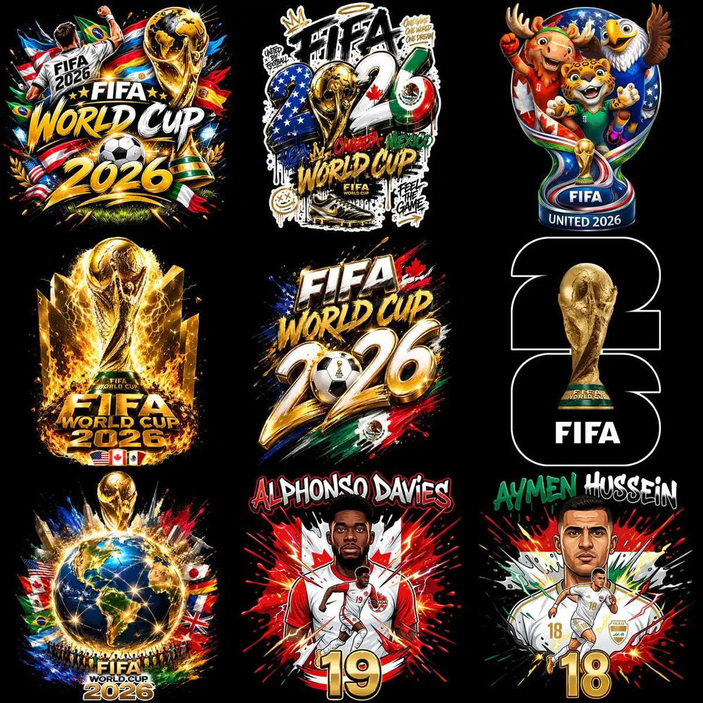 FIFA World Cup 2026 designs featuring trophies, flags, player art, and team graphics for DTG, DTF, embroidery