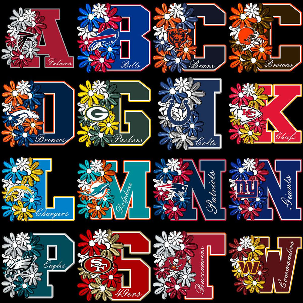NFL team logos styled with floral designs for DTF/DTG and embroidery projects
