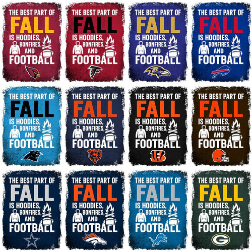 Fall football designs with hoodies, bonfires, and team logos for DTF/DTG printing