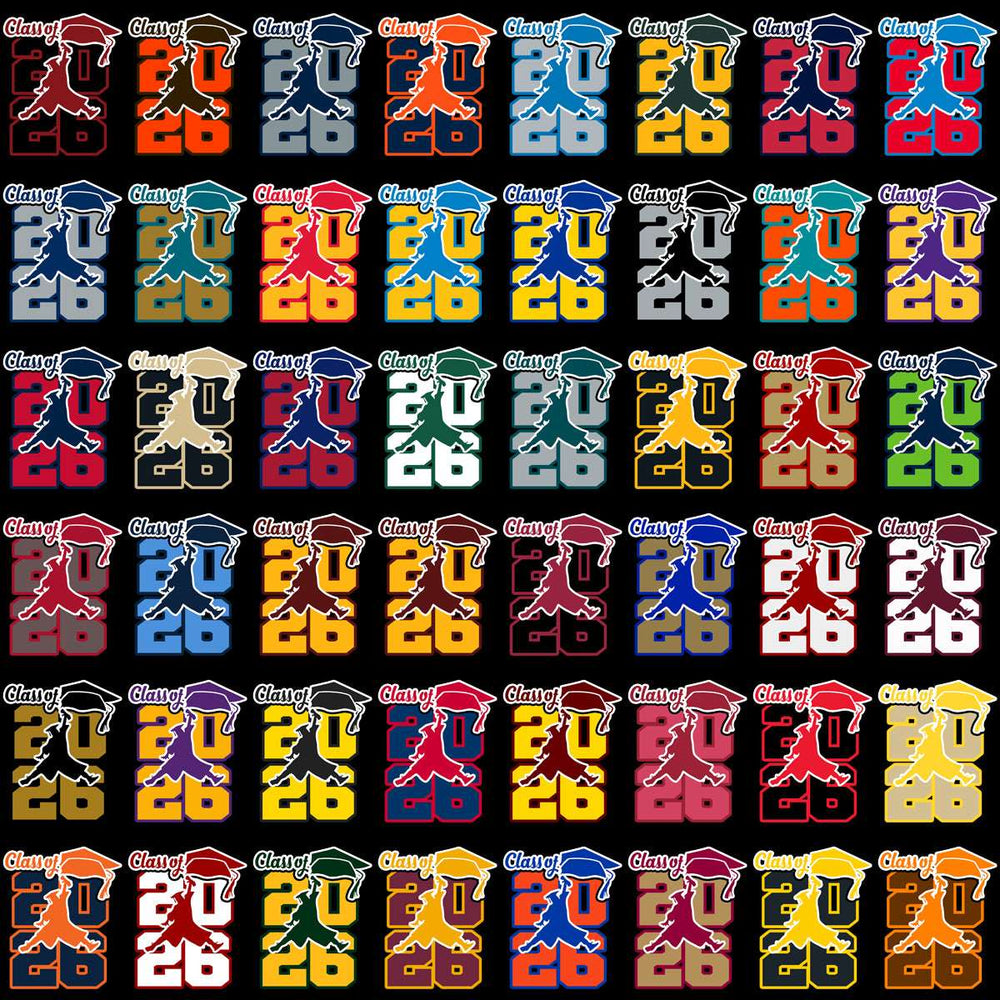 Class of 2026 graduation designs in vibrant colors for DTF, DTG, and embroidery projects.