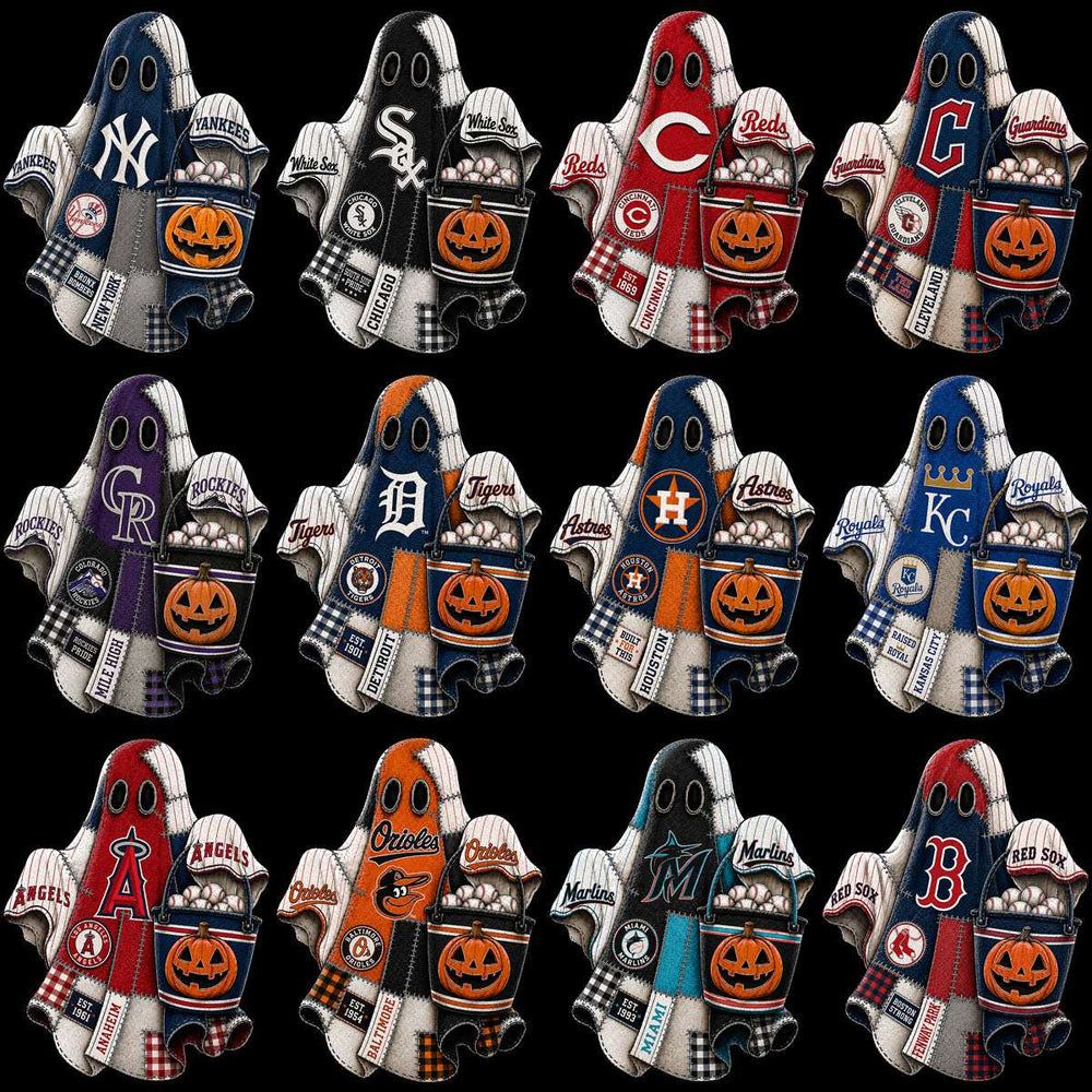 Halloween ghost designs with MLB team logos, baseballs, and pumpkin buckets for DTF/DTG printing