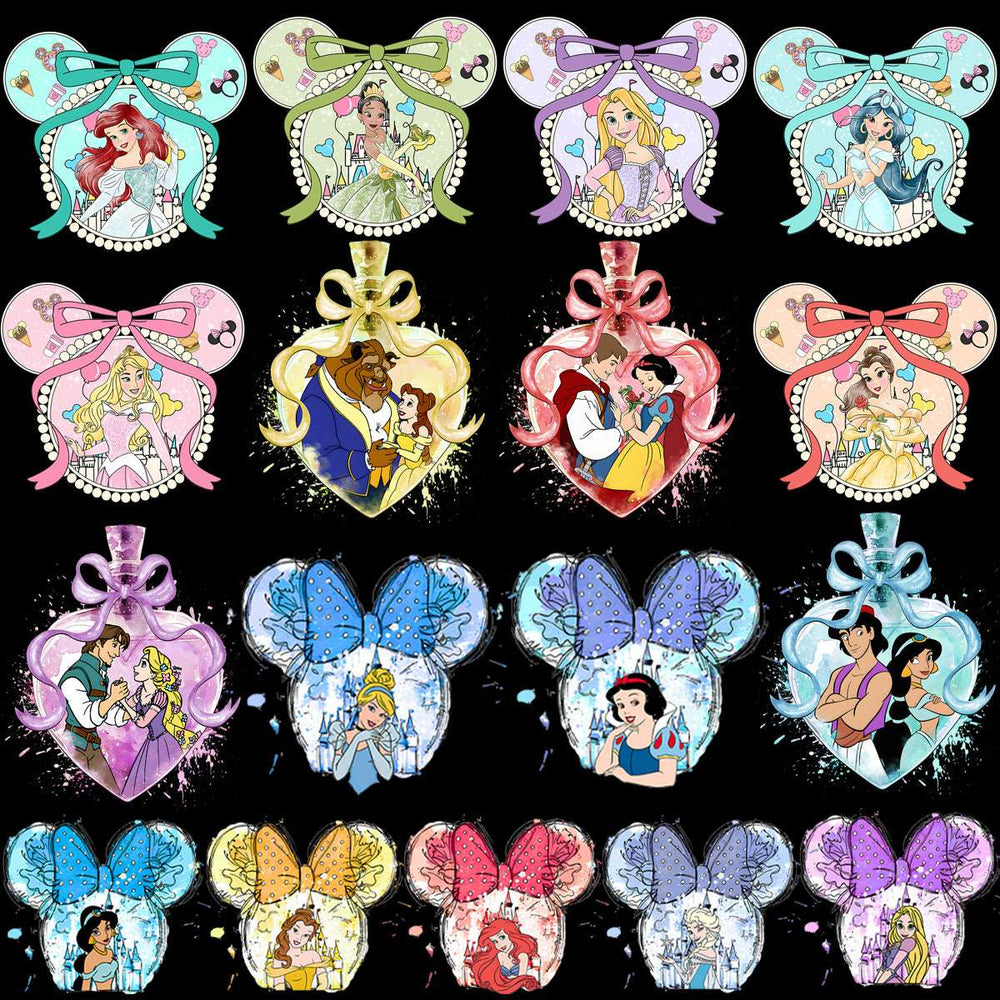 Disney princess designs in Mickey ear frames with bows, perfect for DTF, DTG, and embroidery projects.