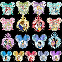 Load image into Gallery viewer, Disney princess designs in Mickey ear frames with bows, perfect for DTF, DTG, and embroidery projects.
