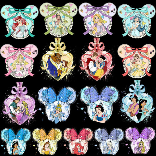 Disney princess designs in Mickey ear frames with bows, perfect for DTF, DTG, and embroidery projects.