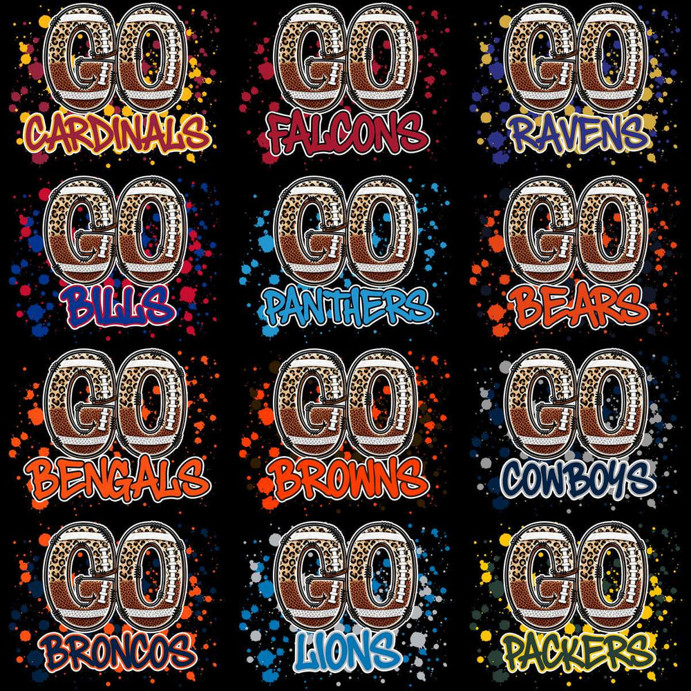 Go [Team] football designs with leopard print & splatter art, perfect for DTF, DTG, embroidery, or tumbler wraps.