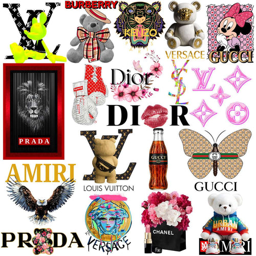 Luxury brand designs including Dior, Gucci, Louis Vuitton, and Versace for DTF/DTG and embroidery projects.