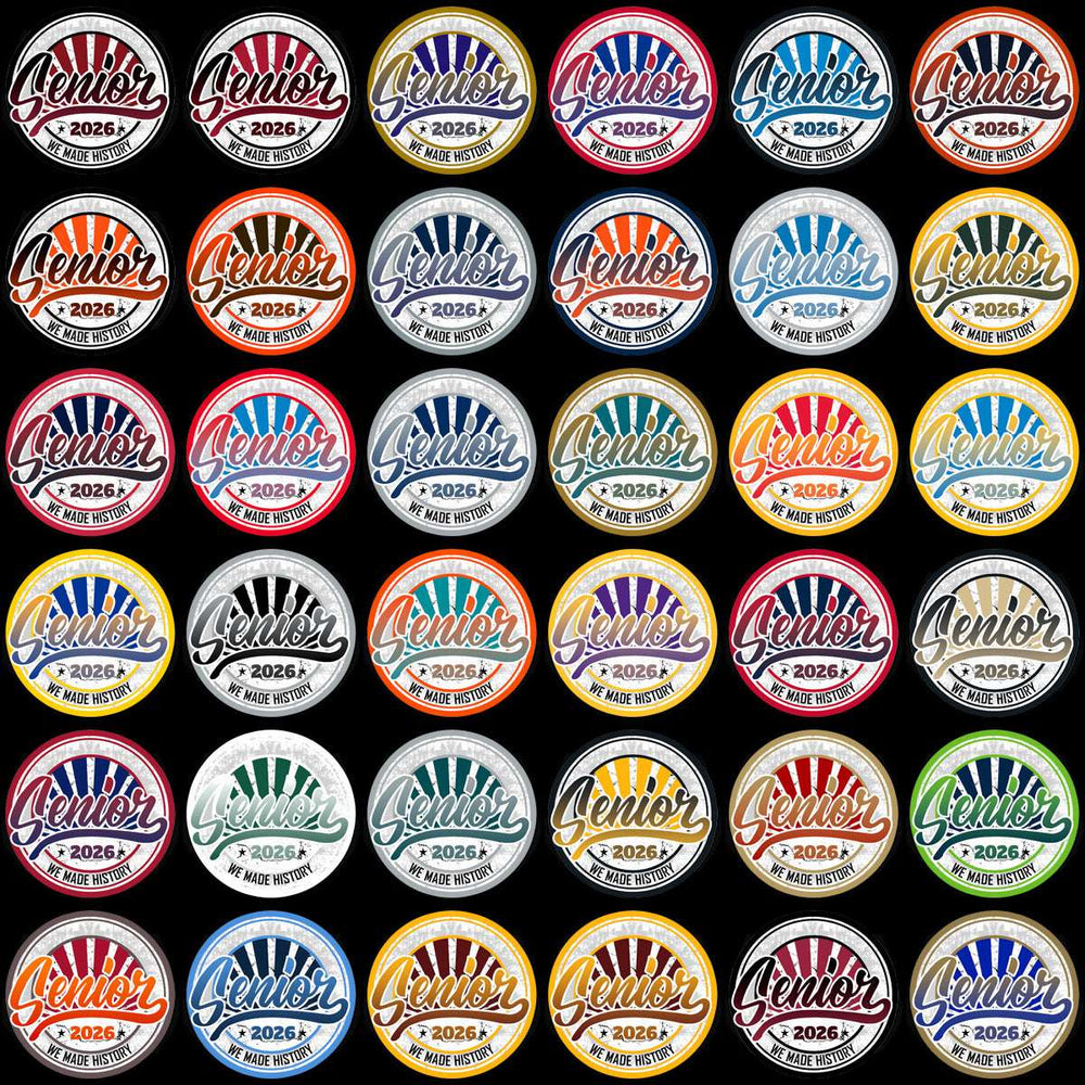 Senior 2026 class designs with vibrant colors and retro sunburst patterns for DTF, DTG, and embroidery.