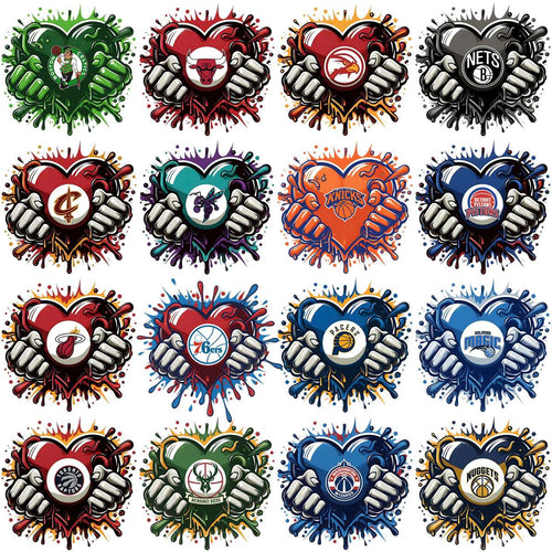 NBA team logos in heart designs with splatter art, perfect for DTF/DTG and embroidery projects.
