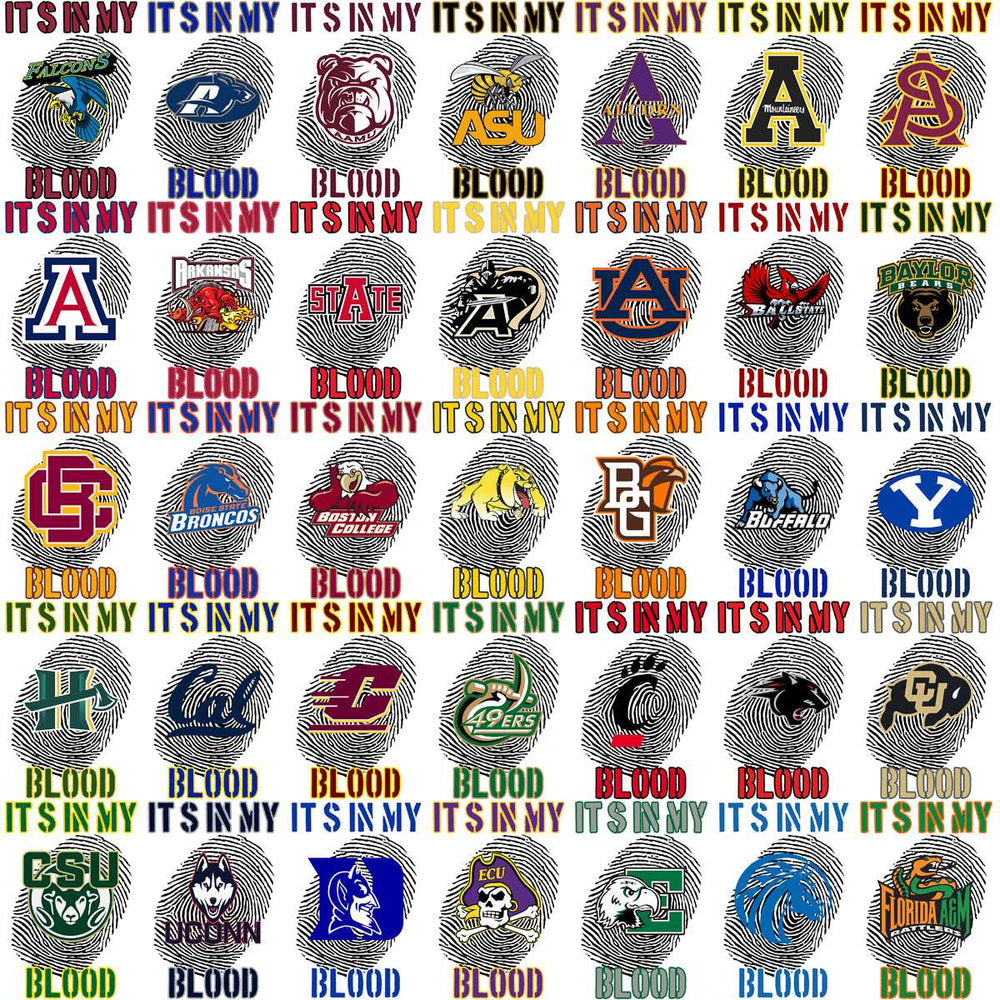 College sports team logos with fingerprint designs, 'It's in my blood' text, print-ready for DTG/DTF