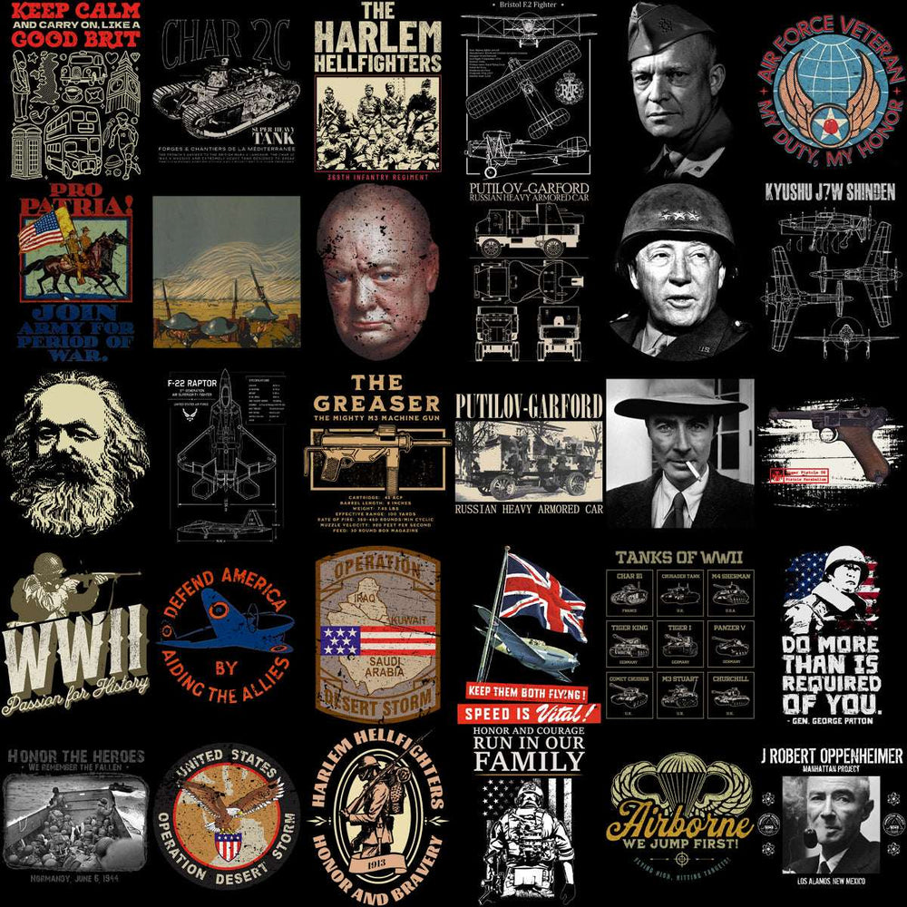 Military-themed designs including WWII tanks, aircraft, and historical figures for DTF/DTG printing.