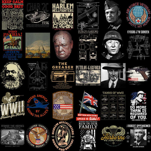 Military-themed designs including WWII tanks, aircraft, and historical figures for DTF/DTG printing.