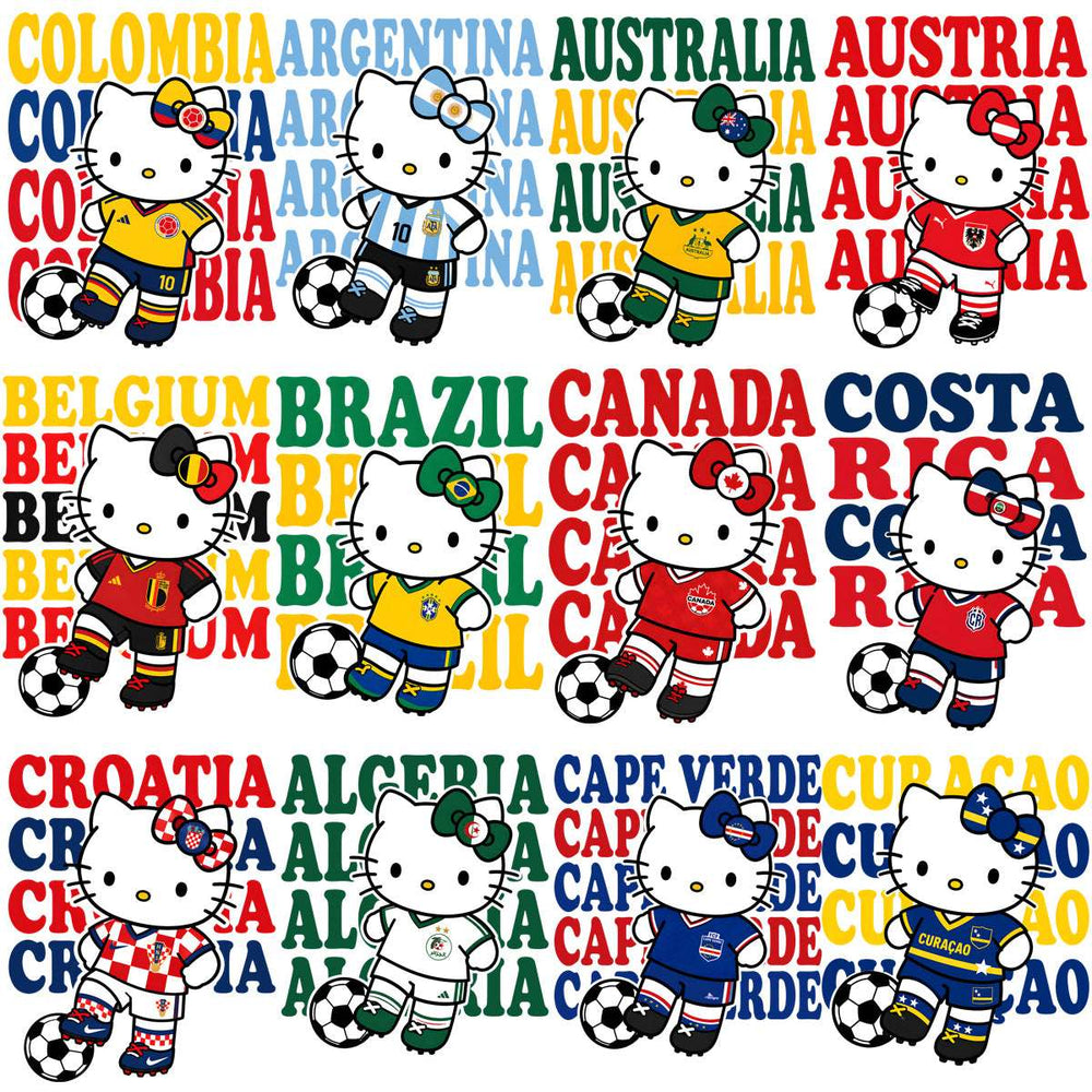 Hello Kitty in international soccer jerseys with country names, print-ready for DTG, DTF, embroidery