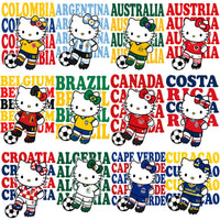 Load image into Gallery viewer, Hello Kitty in international soccer jerseys with country names, print-ready for DTG, DTF, embroidery
