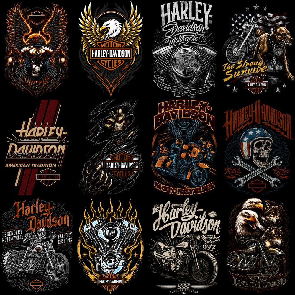 Harley-Davidson motorcycle designs with eagles, skulls, flames, and engines for DTF/DTG printing