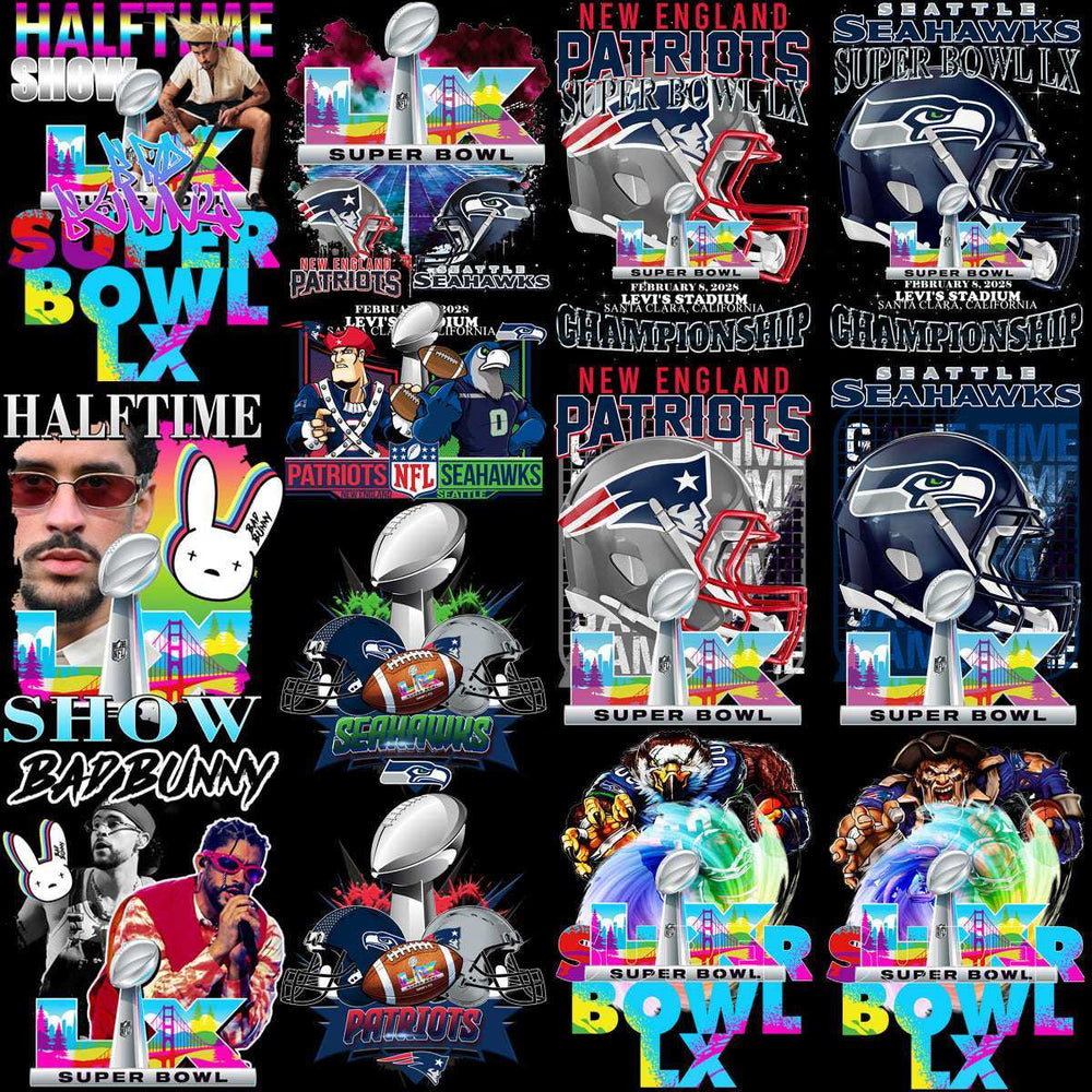 20 Super Bowl LX 2026 PNG Bundle | Seahawks vs Patriots | Bad Bunny Football Champions Designs