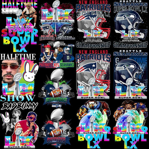 20 Super Bowl LX 2026 PNG Bundle | Seahawks vs Patriots | Bad Bunny Football Champions Designs
