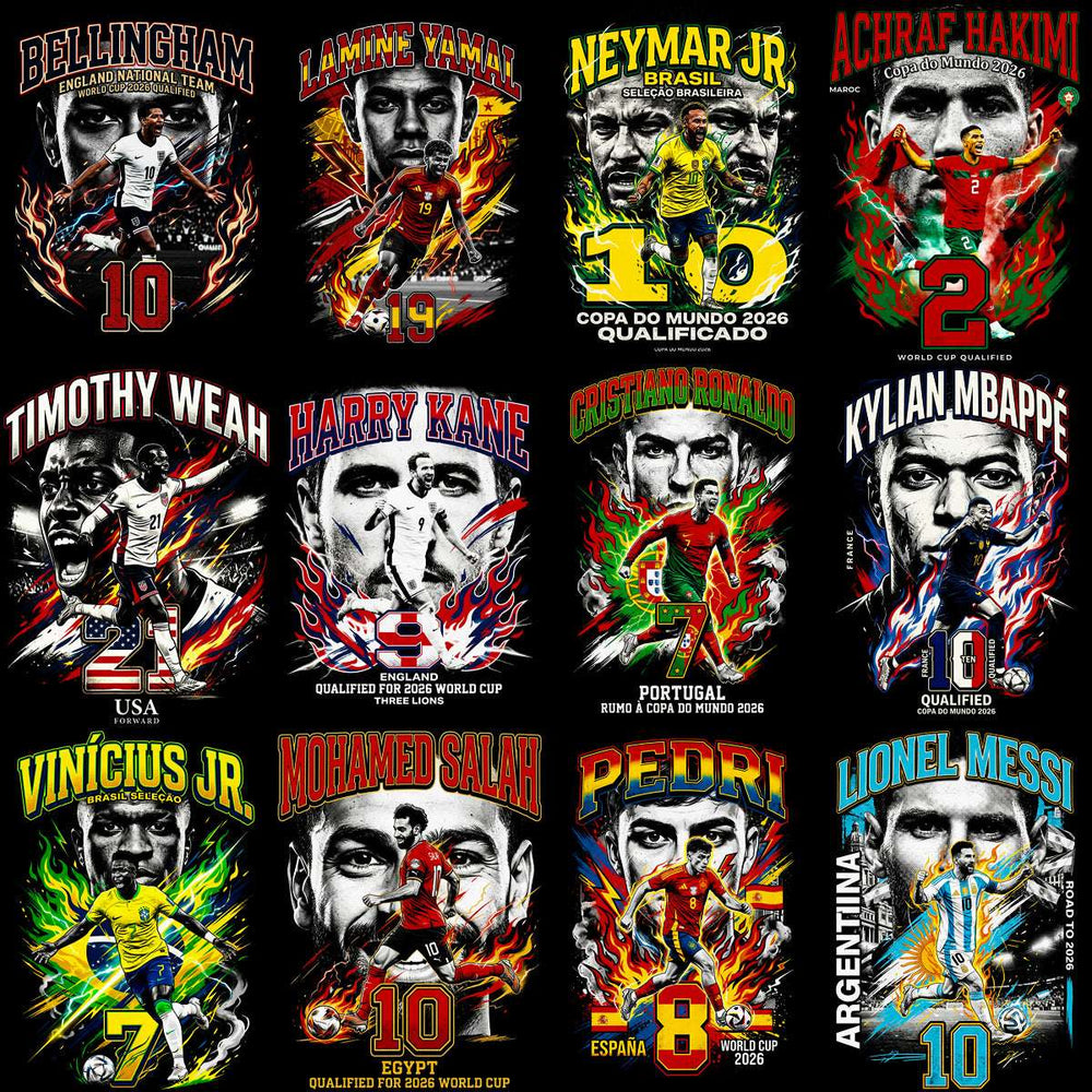 World Cup 2026 soccer player designs with fiery graphics, team names, and numbers for print-ready t-shirts.
