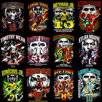 Load image into Gallery viewer, World Cup 2026 soccer player designs with fiery graphics, team names, and numbers for print-ready t-shirts.

