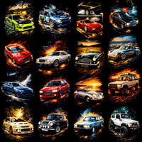 Load image into Gallery viewer, Dynamic car art collection featuring vibrant, action-packed designs for DTF, DTG, and embroidery projects.
