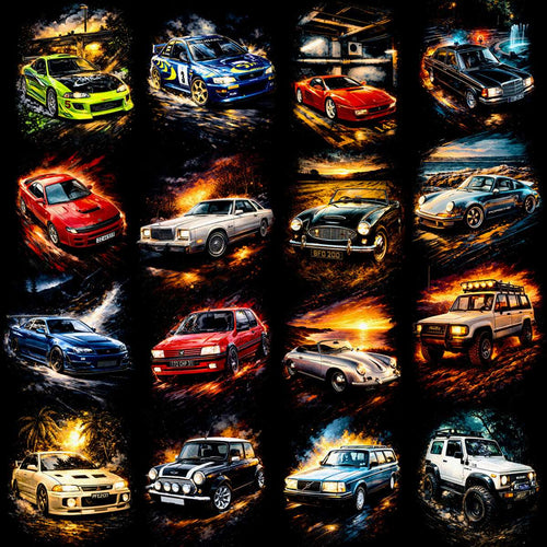 Dynamic car art collection featuring vibrant, action-packed designs for DTF, DTG, and embroidery projects.