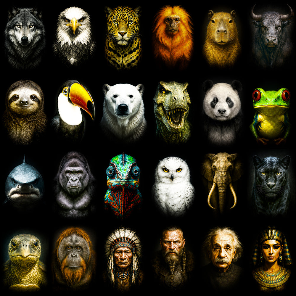 Grid of 24 detailed portraits of diverse animals and human figures on a black background.