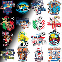 Load image into Gallery viewer, Looney Tunes soccer-themed designs for DTF/DTG, embroidery &amp; tumbler wraps — vibrant cartoon art with footballs, team logos &amp; playful characters.
