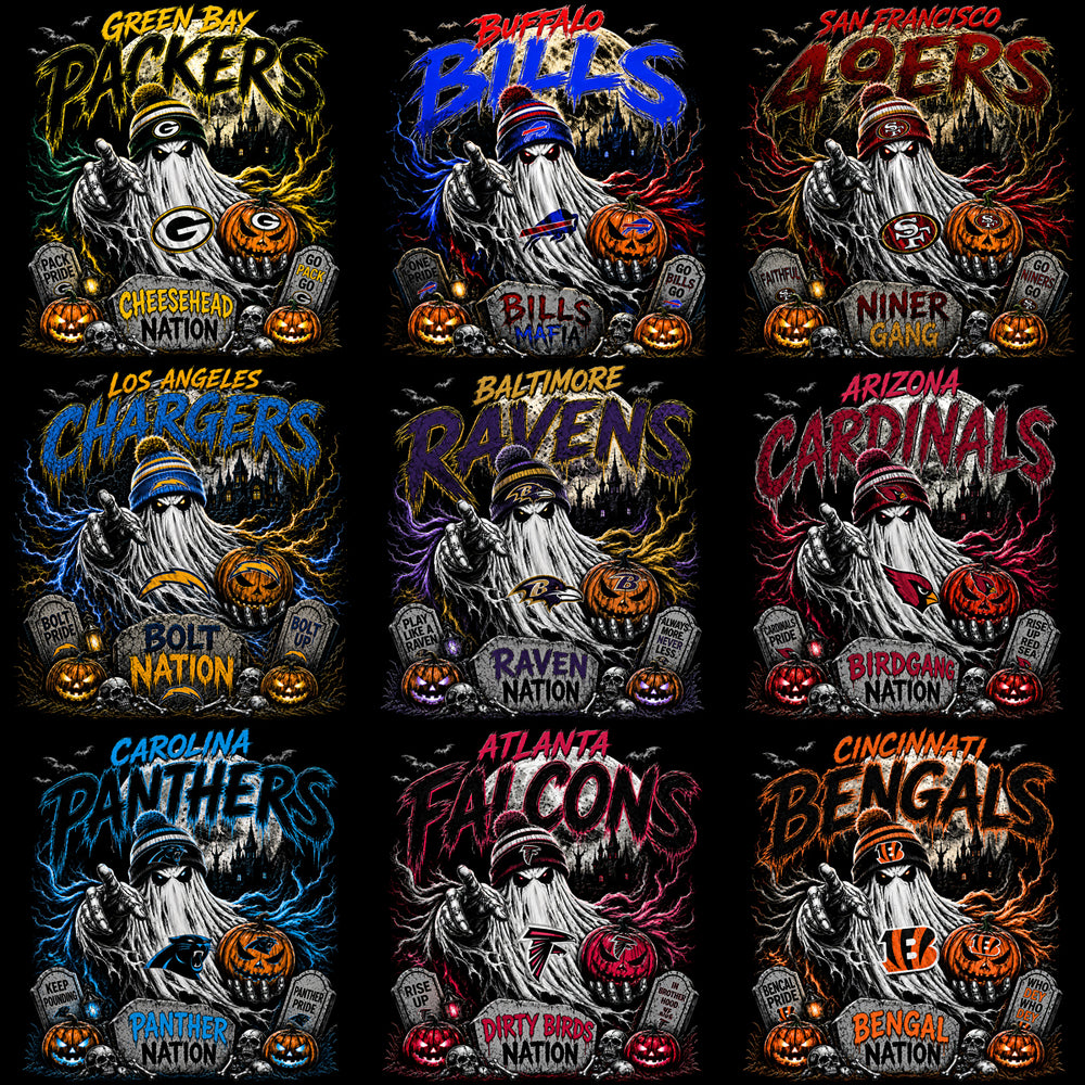32 Football Teams Slogan Ghost Halloween Black Knockout Designs Bundle PNG