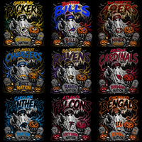 Load image into Gallery viewer, 32 Football Teams Slogan Ghost Halloween Black Knockout Designs Bundle PNG
