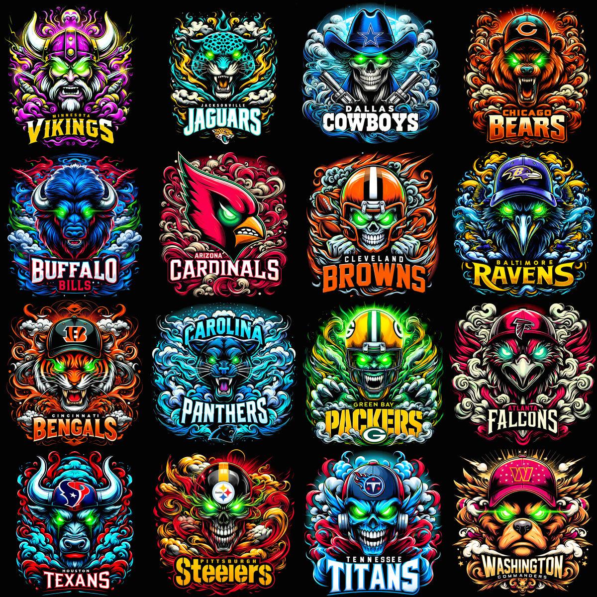 32 Football Teams Laser Eyes Smoke Mascots Designs Bundle PNG