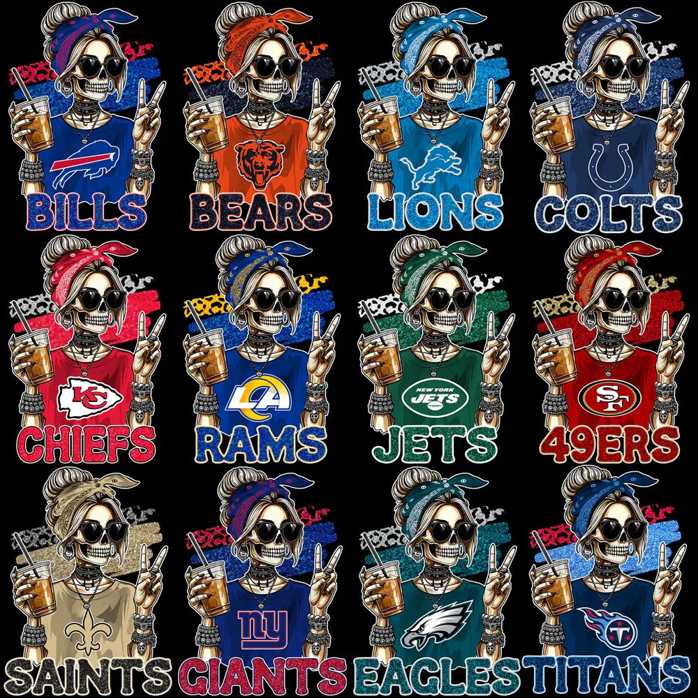 32 Football Logo Teams Skull Girl Drink Designs Bundle PNG