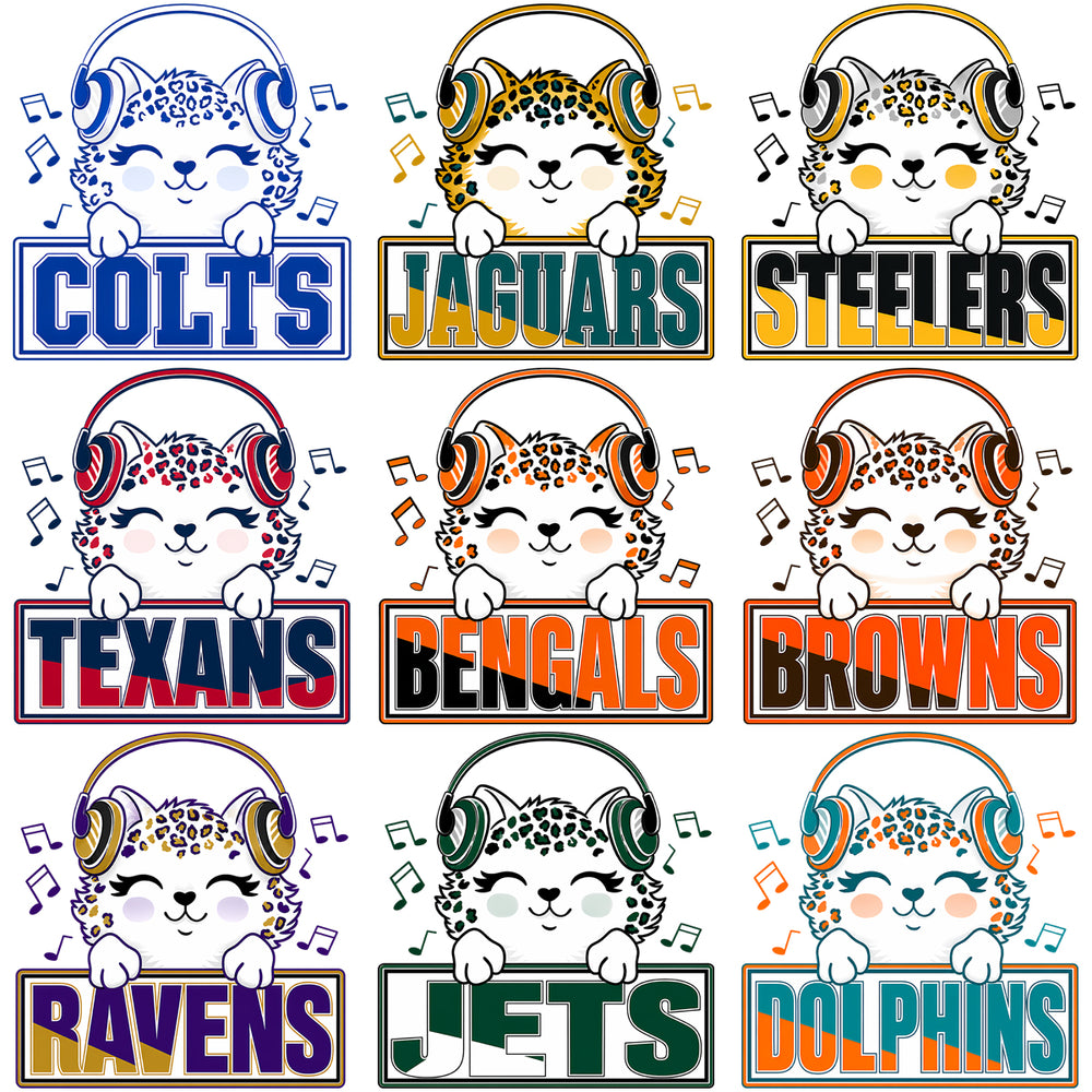 Cute leopard cubs with headphones and NFL team names for DTF/DTG designs
