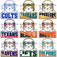Cargar imagen en el visor de la galería, Cute leopard cubs with headphones and NFL team names for DTF/DTG designs

