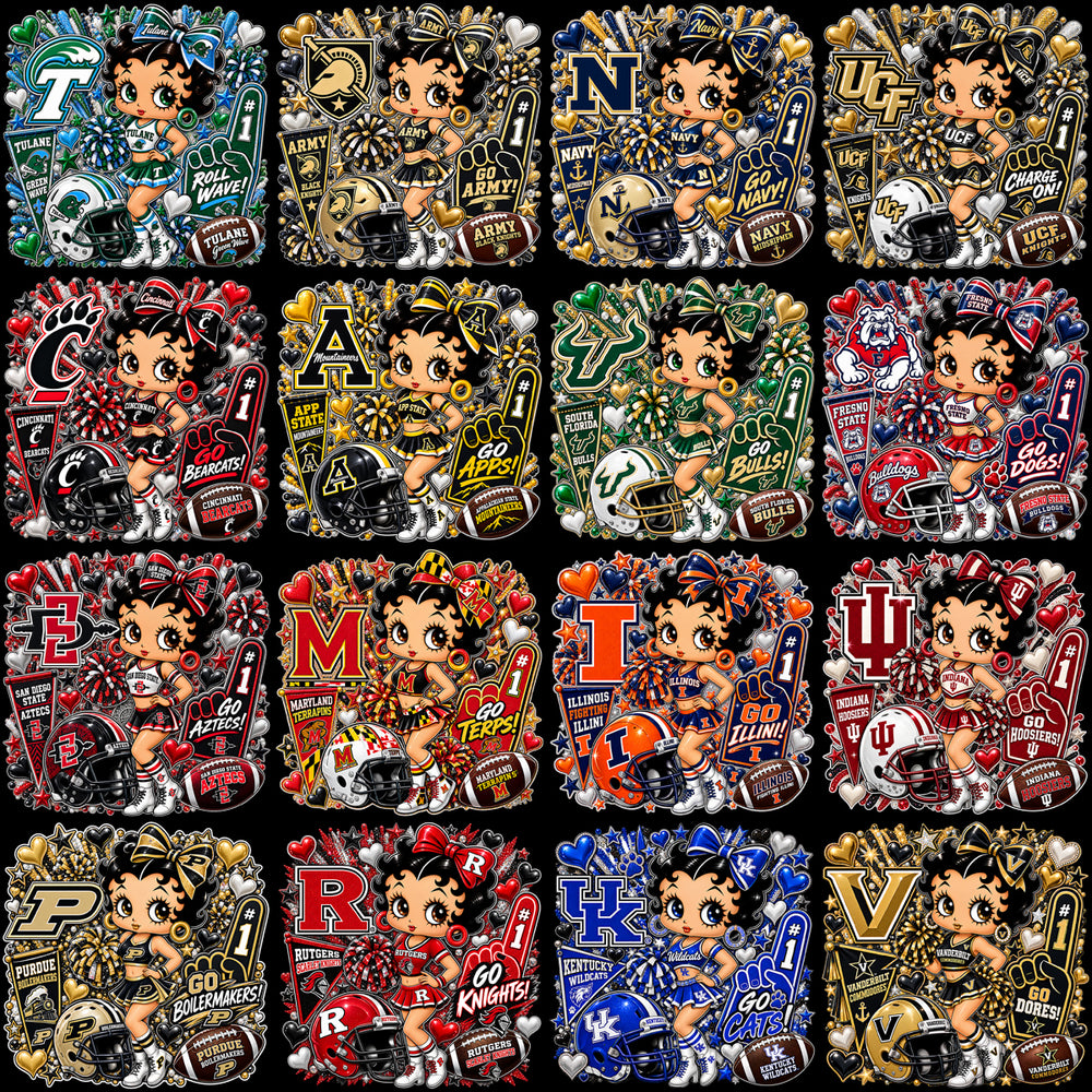 68 College Betty Boop Cheerleader Football NCAA Teams Designs Bundle PNG