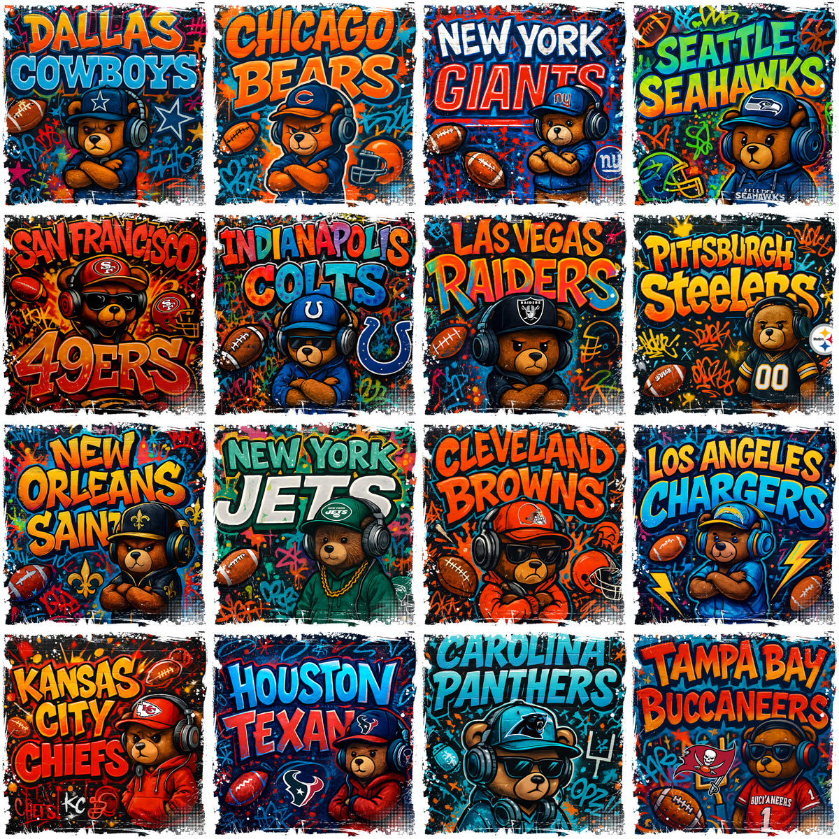 32 Football Teams Graffiti Teddy Bear Designs Bundle PNG