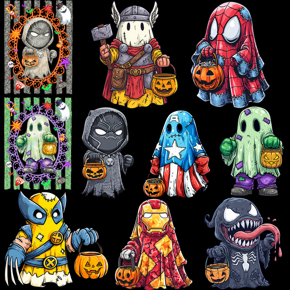 15 Horror Trick or Treat Halloween Spooky Ghosts Super Heroes Designs Bundle PNG