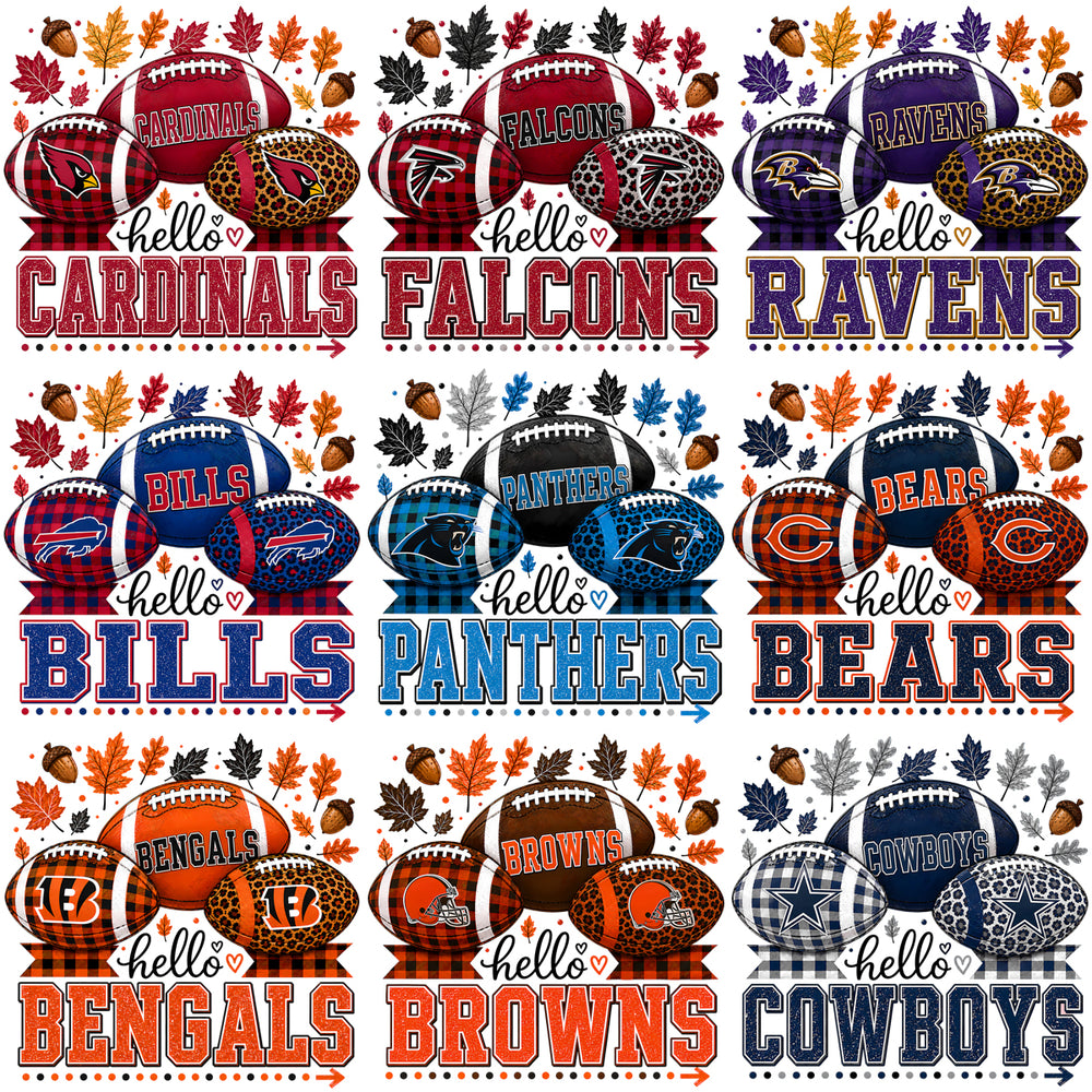 32 Football Teams Hello Fall Leaves & Acorns Designs Bundle PNG
