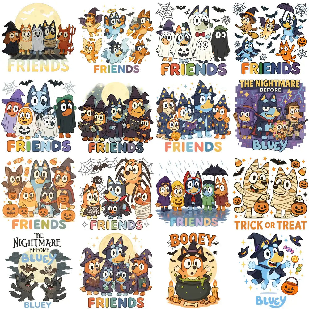 60 Halloween Bluey Dog Cartoons Designs Bundle PNG