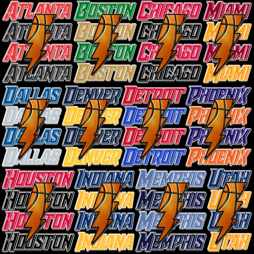 Basketball city designs for DTF DTG print, featuring Atlanta, Boston, Chicago, Miami, Dallas, Denver, Detroit, Phoenix, Houston, Indiana, Memphis, Utah