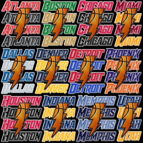 Basketball city designs for DTF DTG print, featuring Atlanta, Boston, Chicago, Miami, Dallas, Denver, Detroit, Phoenix, Houston, Indiana, Memphis, Utah