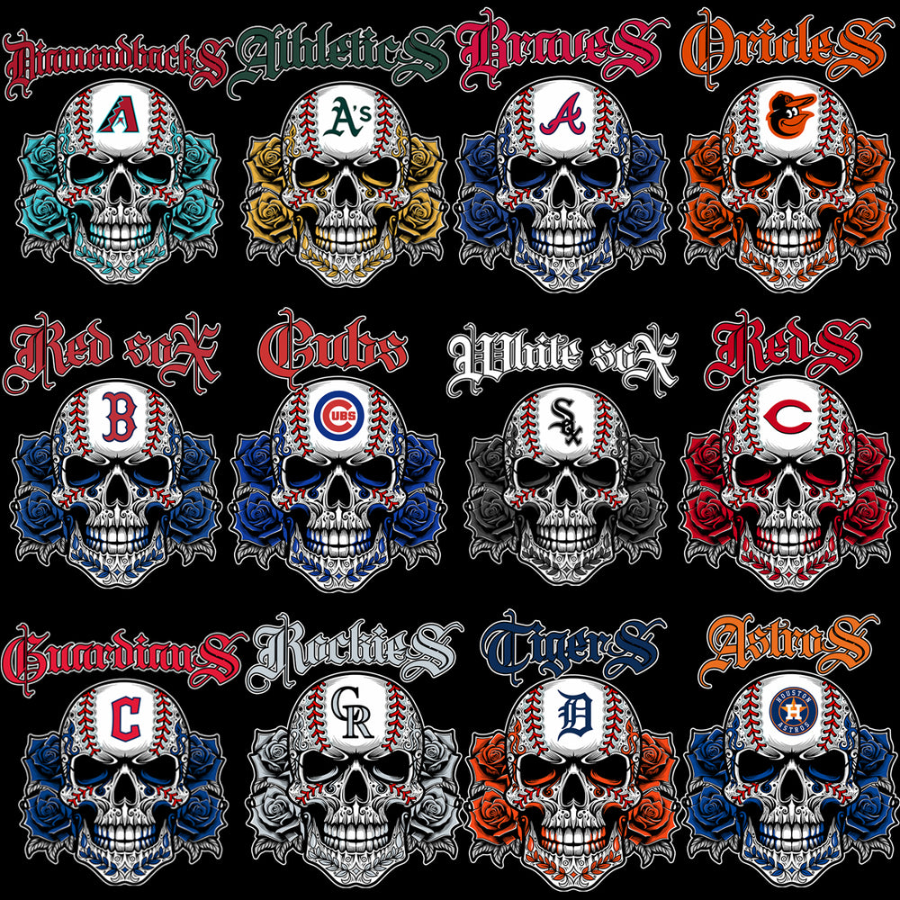 30 Baseball Teams Floral Skull Tattoo Designs Bundle PNG